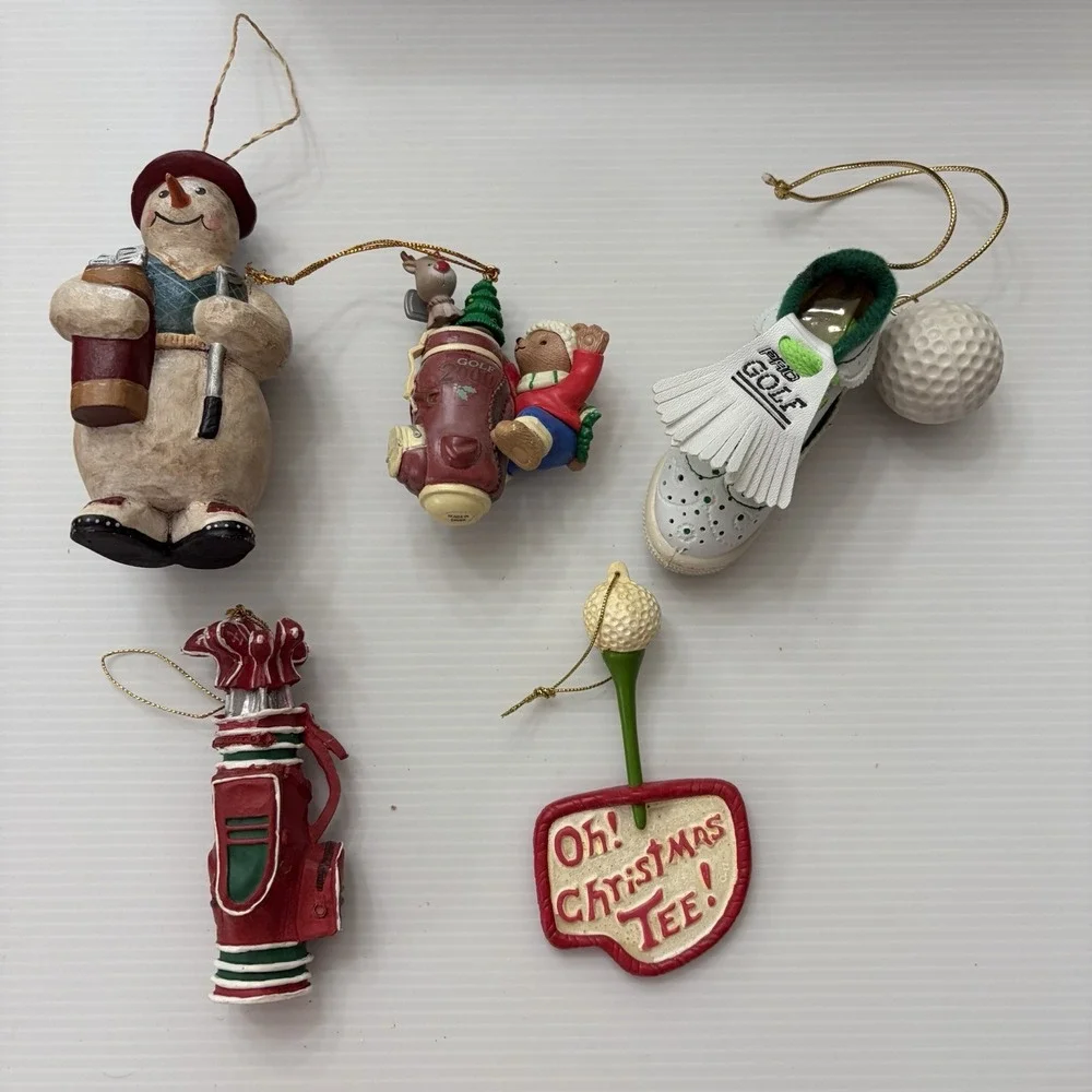 Lot Of 5 Vintage Golf Christmas Tree Ornaments Santa Snowman Golf Bag Holiday